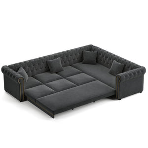 English Elm 115.3 Chesterfield Velvet Sleeper Sectional with Tufted Back Gold Trim Rolled Arms Grey W1885S00575