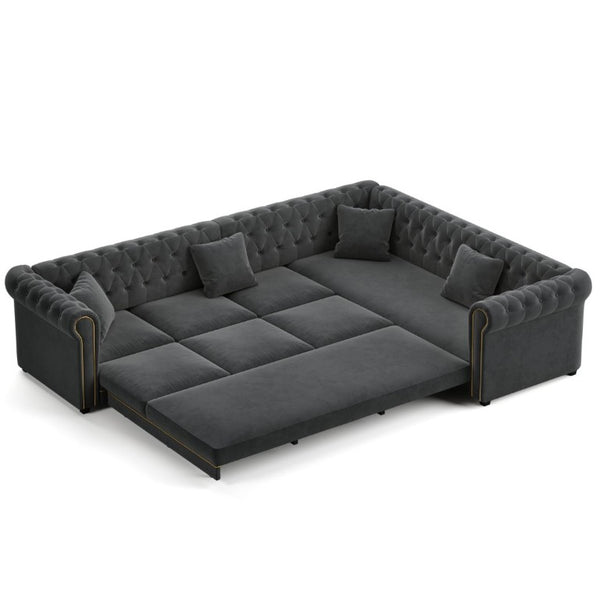 English Elm 115.3 Chesterfield Velvet Sleeper Sectional with Tufted Back Gold Trim Rolled Arms Grey W1885S00575