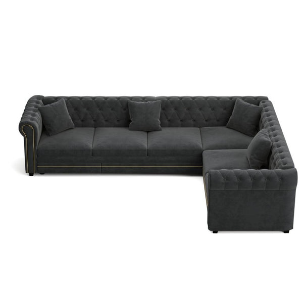 English Elm 115.3 Chesterfield Velvet Sleeper Sectional with Tufted Back Gold Trim Rolled Arms Grey W1885S00575