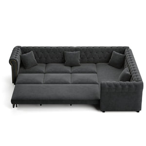English Elm 115.3 Chesterfield Velvet Sleeper Sectional with Tufted Back Gold Trim Rolled Arms Grey W1885S00575