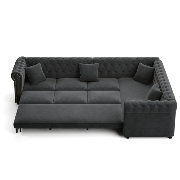 English Elm 115.3 Chesterfield Velvet Sleeper Sectional with Tufted Back Gold Trim Rolled Arms Grey W1885S00575