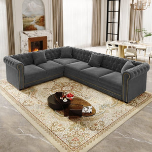 English Elm 115.3 Chesterfield Velvet Sleeper Sectional with Tufted Back Gold Trim Rolled Arms Grey W1885S00575