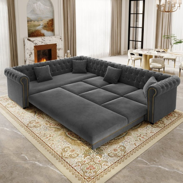 English Elm 115.3 Chesterfield Velvet Sleeper Sectional with Tufted Back Gold Trim Rolled Arms Grey W1885S00575