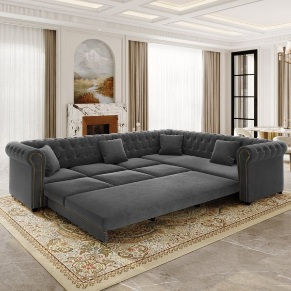 English Elm 115.3 Chesterfield Velvet Sleeper Sectional with Tufted Back Gold Trim Rolled Arms Grey W1885S00575