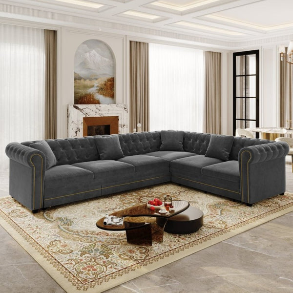 English Elm 115.3 Chesterfield Velvet Sleeper Sectional with Tufted Back Gold Trim Rolled Arms Grey W1885S00575