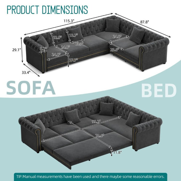 English Elm 115.3 Chesterfield Velvet Sleeper Sectional with Tufted Back Gold Trim Rolled Arms Grey W1885S00575