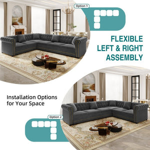 English Elm 115.3 Chesterfield Velvet Sleeper Sectional with Tufted Back Gold Trim Rolled Arms Grey W1885S00575