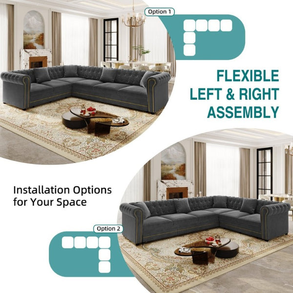 English Elm 115.3 Chesterfield Velvet Sleeper Sectional with Tufted Back Gold Trim Rolled Arms Grey W1885S00575