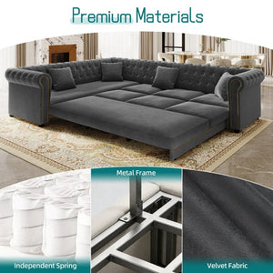 English Elm 115.3 Chesterfield Velvet Sleeper Sectional with Tufted Back Gold Trim Rolled Arms Grey W1885S00575