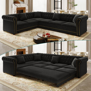 English Elm 115.3 Chesterfield Velvet Sleeper Sectional with Tufted Back Gold Trim Rolled Arms Black W1885S00576