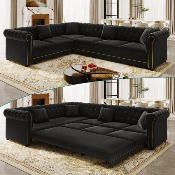 English Elm 115.3 Chesterfield Velvet Sleeper Sectional with Tufted Back Gold Trim Rolled Arms Black W1885S00576