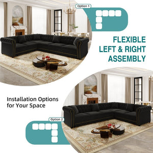 English Elm 115.3 Chesterfield Velvet Sleeper Sectional with Tufted Back Gold Trim Rolled Arms Black W1885S00576