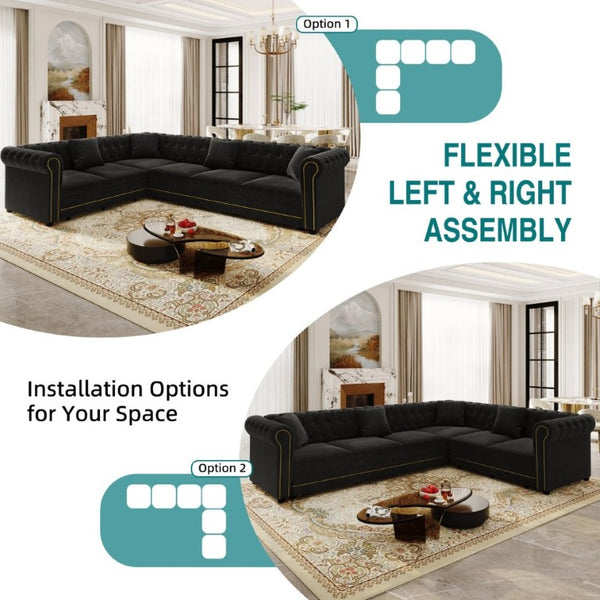 English Elm 115.3 Chesterfield Velvet Sleeper Sectional with Tufted Back Gold Trim Rolled Arms Black W1885S00576