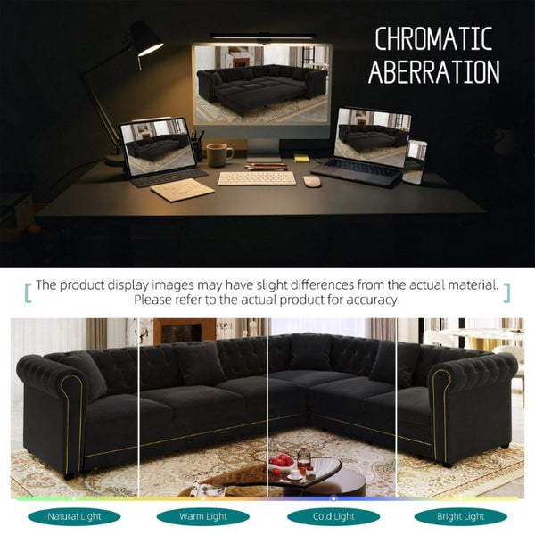 English Elm 115.3 Chesterfield Velvet Sleeper Sectional with Tufted Back Gold Trim Rolled Arms Black W1885S00576