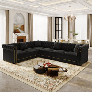 English Elm 115.3 Chesterfield Velvet Sleeper Sectional with Tufted Back Gold Trim Rolled Arms Black W1885S00576