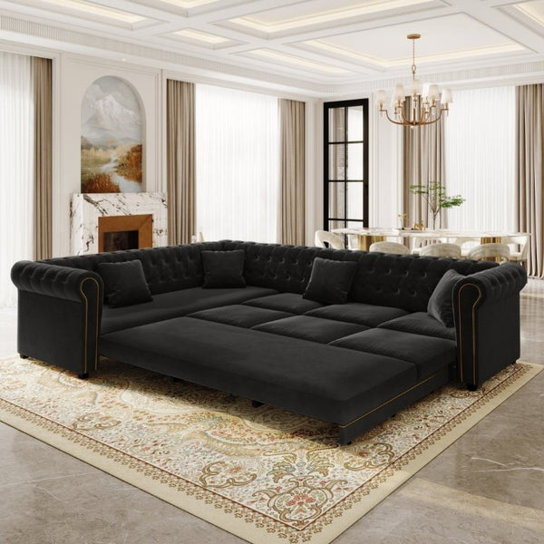 English Elm 115.3 Chesterfield Velvet Sleeper Sectional with Tufted Back Gold Trim Rolled Arms Black W1885S00576