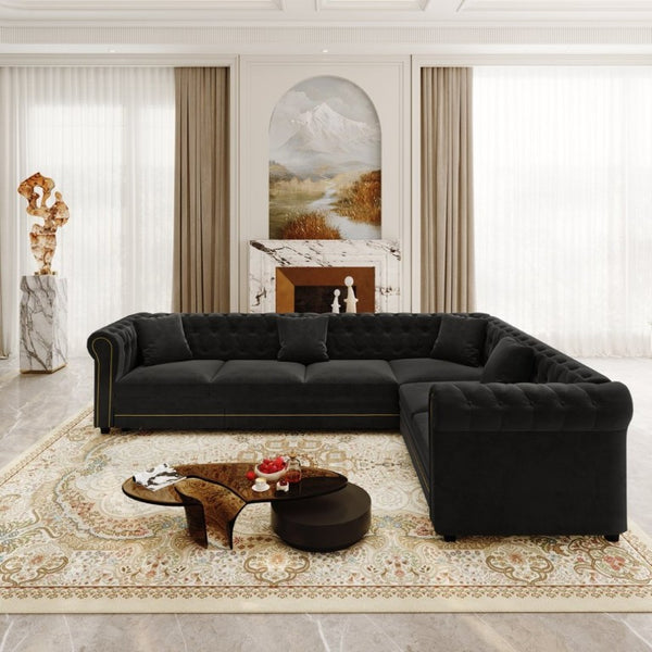 English Elm 115.3 Chesterfield Velvet Sleeper Sectional with Tufted Back Gold Trim Rolled Arms Black W1885S00576