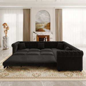 English Elm 115.3 Chesterfield Velvet Sleeper Sectional with Tufted Back Gold Trim Rolled Arms Black W1885S00576