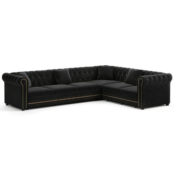 English Elm 115.3 Chesterfield Velvet Sleeper Sectional with Tufted Back Gold Trim Rolled Arms Black W1885S00576