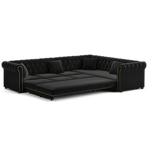 English Elm 115.3 Chesterfield Velvet Sleeper Sectional with Tufted Back Gold Trim Rolled Arms Black W1885S00576