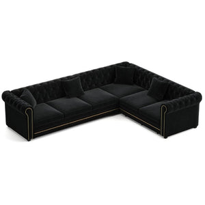 English Elm 115.3 Chesterfield Velvet Sleeper Sectional with Tufted Back Gold Trim Rolled Arms Black W1885S00576