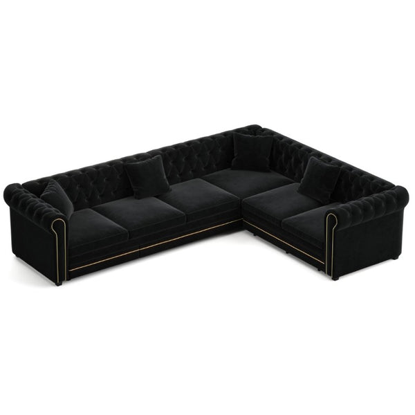 English Elm 115.3 Chesterfield Velvet Sleeper Sectional with Tufted Back Gold Trim Rolled Arms Black W1885S00576