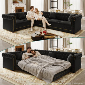 English Elm 115.3 Chesterfield Velvet Sleeper Sectional with Tufted Back Gold Trim Rolled Arms Black W1885S00576