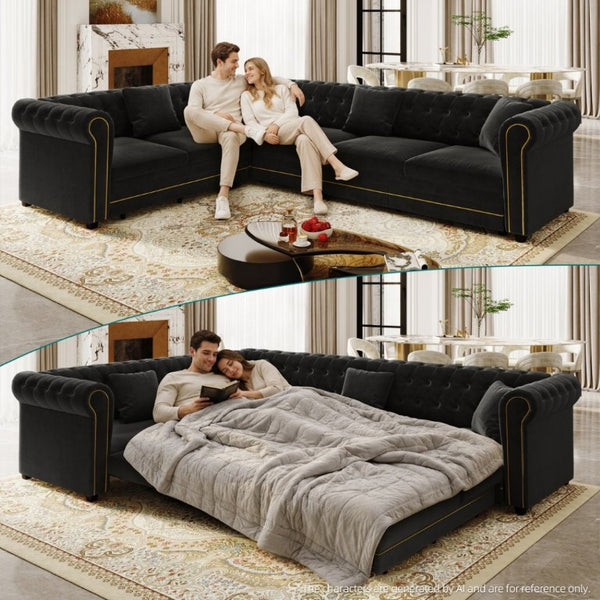 English Elm 115.3 Chesterfield Velvet Sleeper Sectional with Tufted Back Gold Trim Rolled Arms Black W1885S00576
