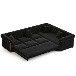 English Elm 115.3 Chesterfield Velvet Sleeper Sectional with Tufted Back Gold Trim Rolled Arms Black W1885S00576