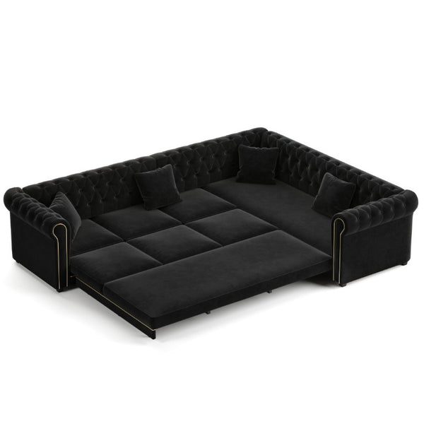 English Elm 115.3 Chesterfield Velvet Sleeper Sectional with Tufted Back Gold Trim Rolled Arms Black W1885S00576