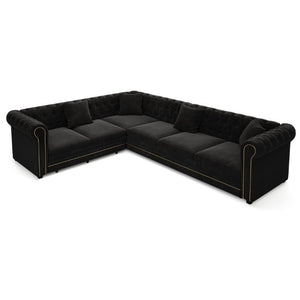 English Elm 115.3 Chesterfield Velvet Sleeper Sectional with Tufted Back Gold Trim Rolled Arms Black W1885S00576