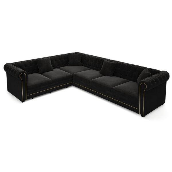 English Elm 115.3 Chesterfield Velvet Sleeper Sectional with Tufted Back Gold Trim Rolled Arms Black W1885S00576