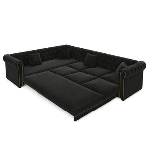 English Elm 115.3 Chesterfield Velvet Sleeper Sectional with Tufted Back Gold Trim Rolled Arms Black W1885S00576