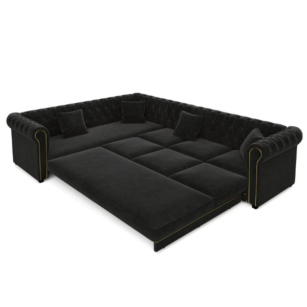 English Elm 115.3 Chesterfield Velvet Sleeper Sectional with Tufted Back Gold Trim Rolled Arms Black W1885S00576