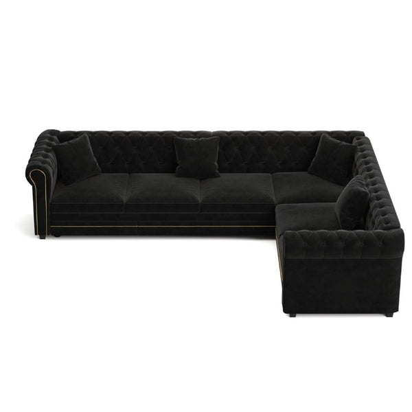English Elm 115.3 Chesterfield Velvet Sleeper Sectional with Tufted Back Gold Trim Rolled Arms Black W1885S00576