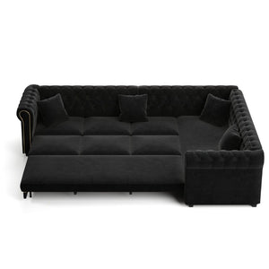 English Elm 115.3 Chesterfield Velvet Sleeper Sectional with Tufted Back Gold Trim Rolled Arms Black W1885S00576
