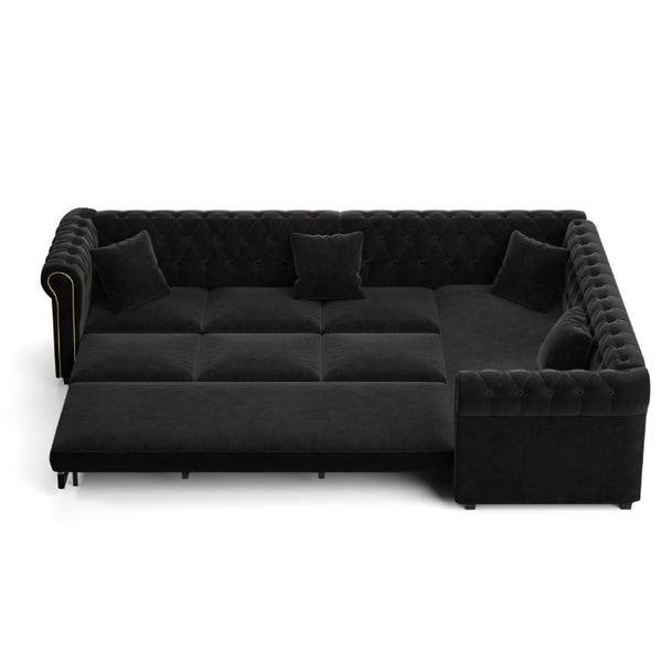 English Elm 115.3 Chesterfield Velvet Sleeper Sectional with Tufted Back Gold Trim Rolled Arms Black W1885S00576