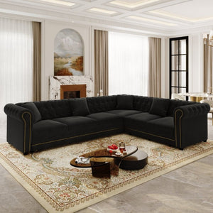 English Elm 115.3 Chesterfield Velvet Sleeper Sectional with Tufted Back Gold Trim Rolled Arms Black W1885S00576