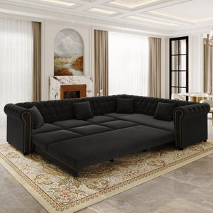 English Elm 115.3 Chesterfield Velvet Sleeper Sectional with Tufted Back Gold Trim Rolled Arms Black W1885S00576