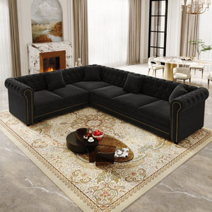 English Elm 115.3 Chesterfield Velvet Sleeper Sectional with Tufted Back Gold Trim Rolled Arms Black W1885S00576