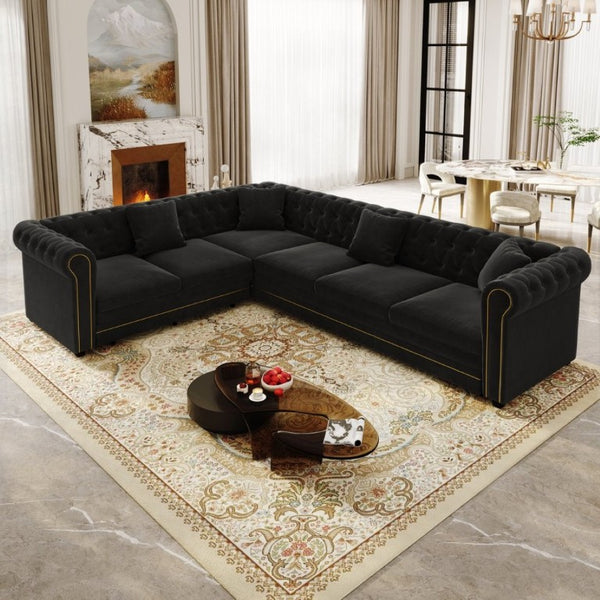 English Elm 115.3 Chesterfield Velvet Sleeper Sectional with Tufted Back Gold Trim Rolled Arms Black W1885S00576