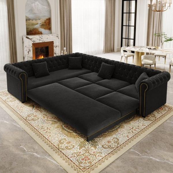English Elm 115.3 Chesterfield Velvet Sleeper Sectional with Tufted Back Gold Trim Rolled Arms Black W1885S00576