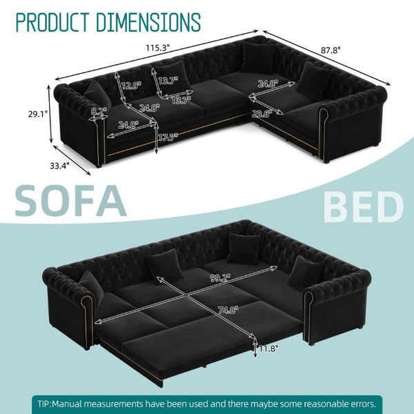 English Elm 115.3 Chesterfield Velvet Sleeper Sectional with Tufted Back Gold Trim Rolled Arms Black W1885S00576
