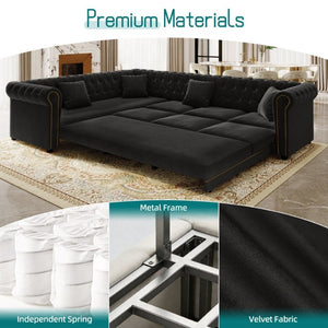 English Elm 115.3 Chesterfield Velvet Sleeper Sectional with Tufted Back Gold Trim Rolled Arms Black W1885S00576