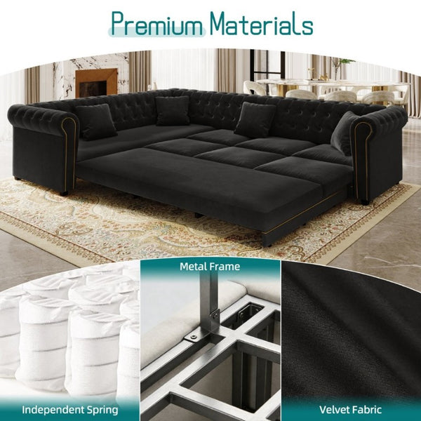 English Elm 115.3 Chesterfield Velvet Sleeper Sectional with Tufted Back Gold Trim Rolled Arms Black W1885S00576