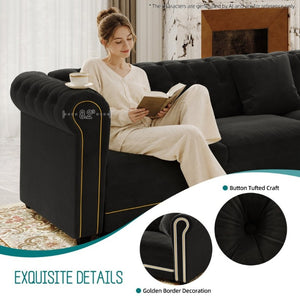 English Elm 115.3 Chesterfield Velvet Sleeper Sectional with Tufted Back Gold Trim Rolled Arms Black W1885S00576