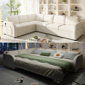 English Elm 115.2 Inch Sherpa Fleece L-Shaped Sectional Sleeper Sofa with USB Ports and Side Pockets Beige+White W1885S00581
