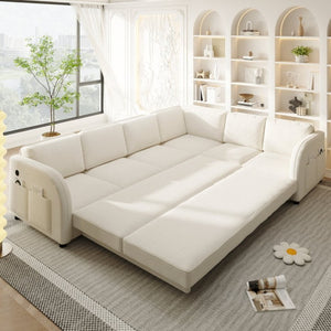 English Elm 115.2 Inch Sherpa Fleece L-Shaped Sectional Sleeper Sofa with USB Ports and Side Pockets Beige+White W1885S00581