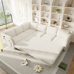 English Elm 115.2 Inch Sherpa Fleece L-Shaped Sectional Sleeper Sofa with USB Ports and Side Pockets Beige+White W1885S00581