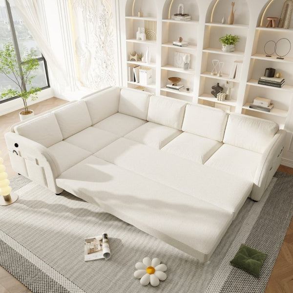 English Elm 115.2 Inch Sherpa Fleece L-Shaped Sectional Sleeper Sofa with USB Ports and Side Pockets Beige+White W1885S00581